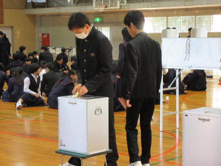 模擬投票する中学生