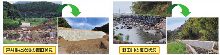 戸井掛ため池・野田川の復旧状況の写真