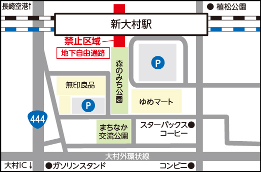 新大村駅地下自由通路（大村みらい通り）の禁止区域を示した地図